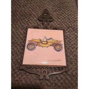 Vintage Crown Tile Trivet 9.5" Cast Iron Handpainted Car Japan 1950's